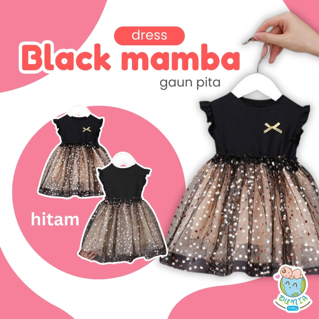 DUNIABABY 0-7 Tahun Dress Anak Black Mamba Gold Perempuan Pesta Pita Gaun Yukensi Lembut Nyaman
