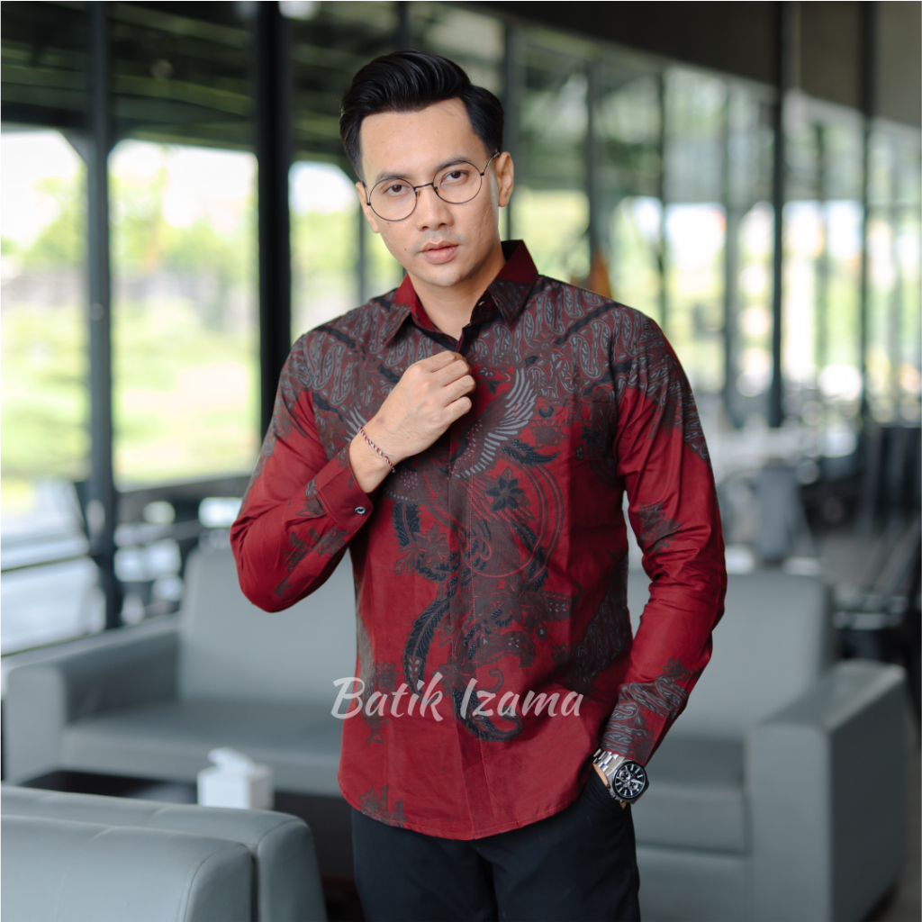 Arunarai Kemeja Batik Pria Cowok PREMIUM Slimfit Full Furing Erro Baju Lengan Panjang Warna Maroon B