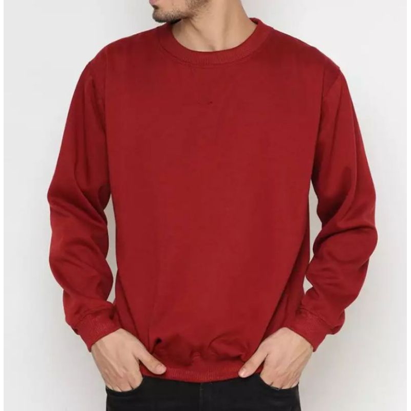 Jaket sweater Crewneck Hoodie Distro pria wanita polos maroon L XL XXL
