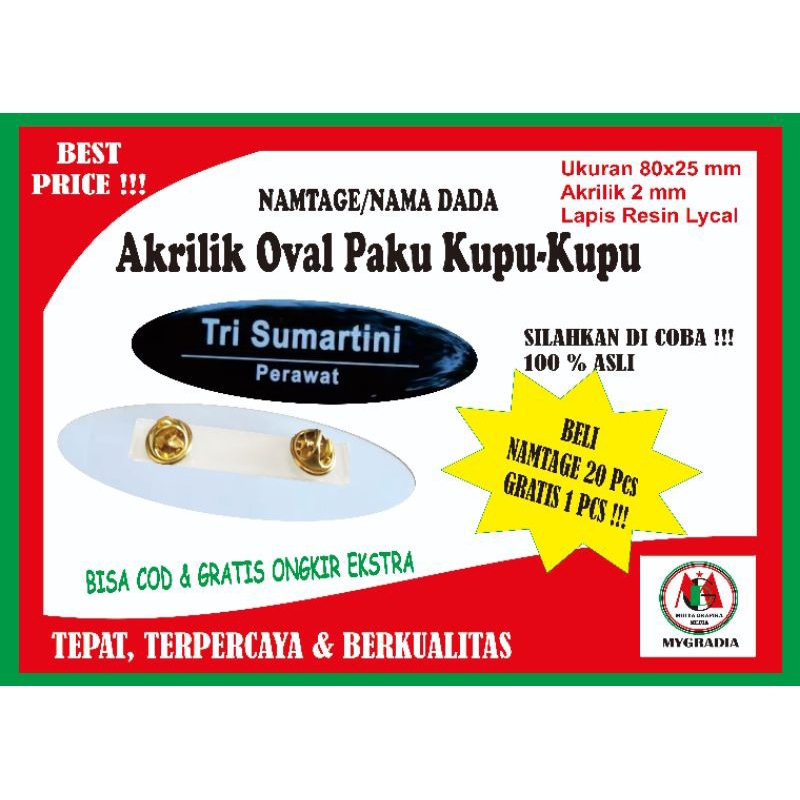 

Name tag / Nama Dada Akrilik Oval paku kupu-kupu 2,5 x 8 cm