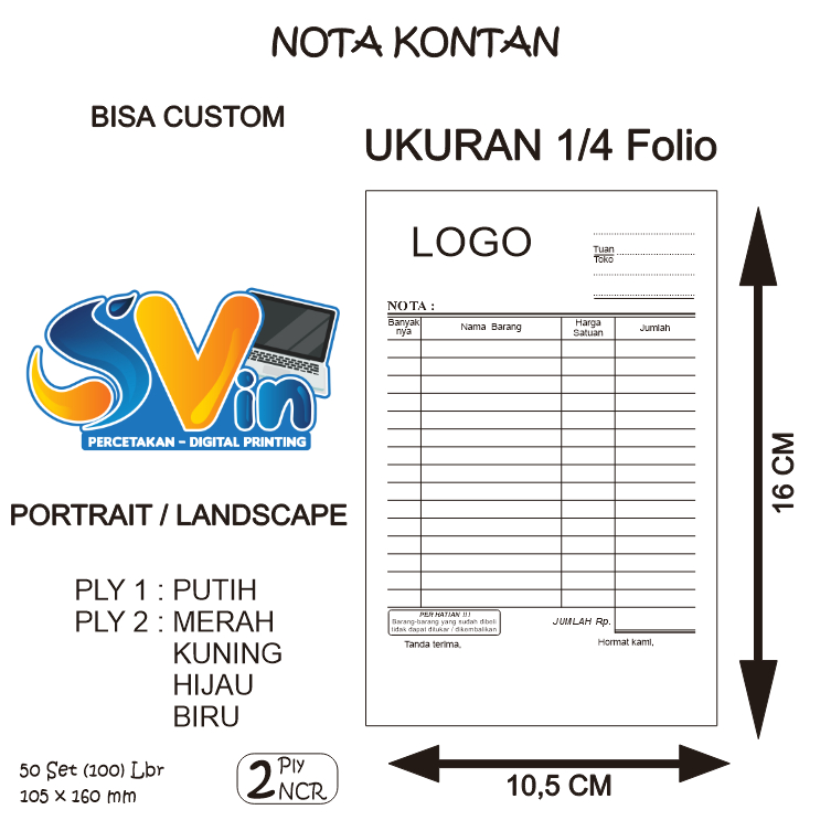 

Nota Custom 1/4 Folio (A6) 2 Ply Bahan NCR Nota Murah