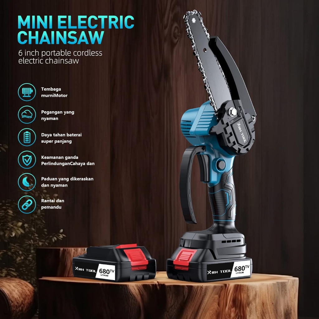 XRH-TOOL Chainsaw Gergaji Rantai Elektrik Mini 6/4 Inch Cordless Gergaji Pemotong Gergaji Portable G