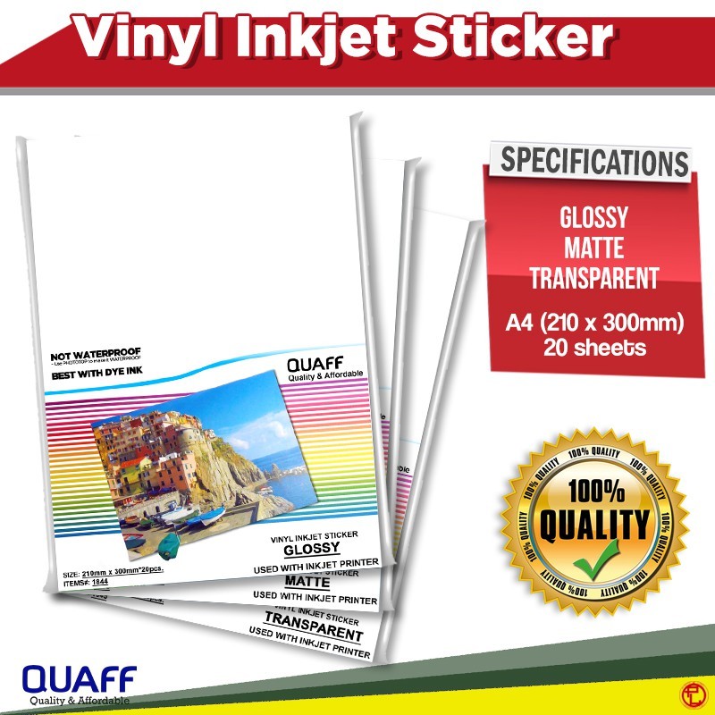 

Kertas Stiker Vinyl Sticker Inkjet Vinyl Ukuran A4( Glossy | Matte| Transparent ) Matte Mengkilap Transparan Paket 20 Lembar