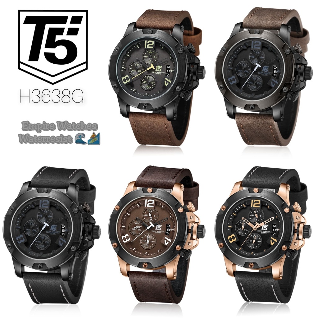 Jam Tangan T5 H3638G H3638 3638 Pria Cowok Analog Chrono dan Tanggal Aktif Strap Leather Original Wa