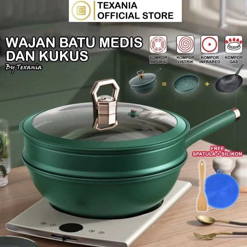 Wajan Steamer Premium Batu Medis Texania// Wajan Kukusan Anti Lengket