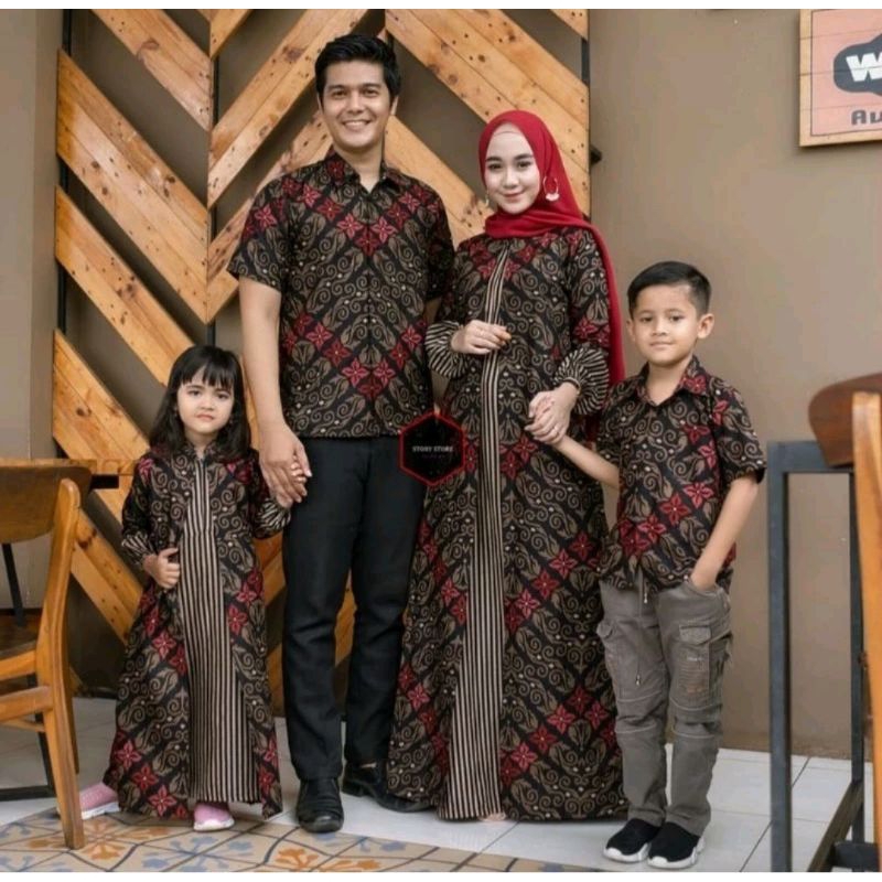 Batik Couple Keluarga Modern Terbaru Set Sarimbit Gamis Keluarga Kemeja dan Hem anak cewek cowok mot