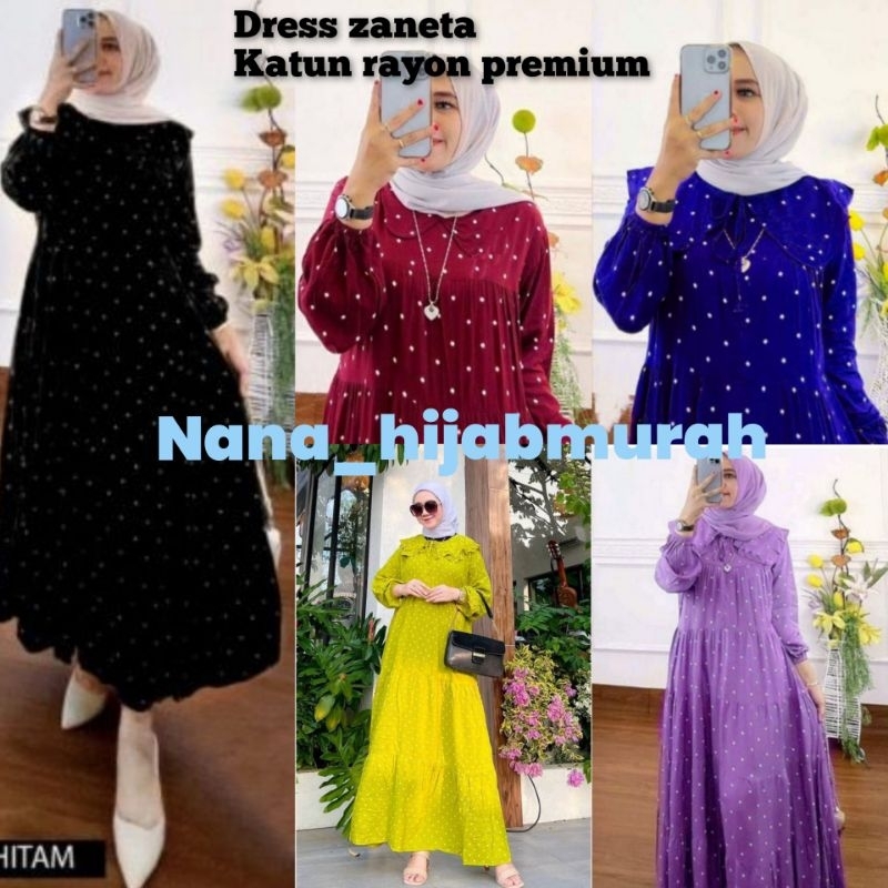 Dress zaneta polka//gamis rayon premium//busui resleting// kerah rempel
