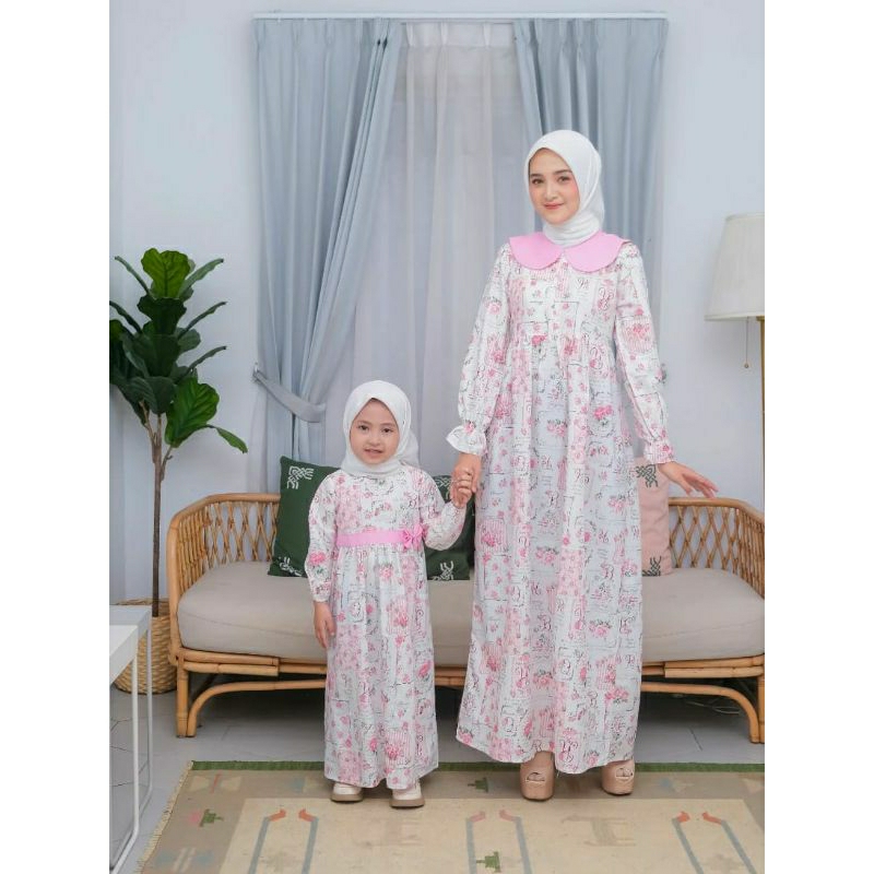 Couple Gamis Ibu dan Anak Pink Romance Gamis Lebaran Bayi Newborn