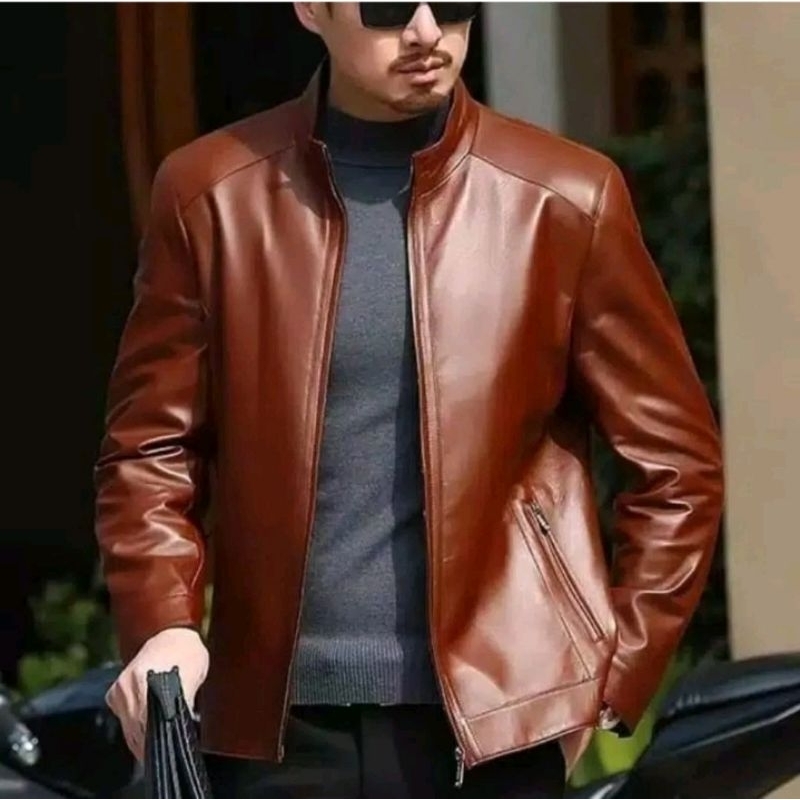 jaket kulit sintetis pria model jasket/jaket kulit asli kasual trend elegan