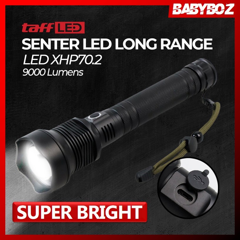 BABYBOZ - ORIGINAL TaffLED Senter LED Long Range Zoom USB Recharge XHP70.2 9000 Lumens - HS313 - Bla
