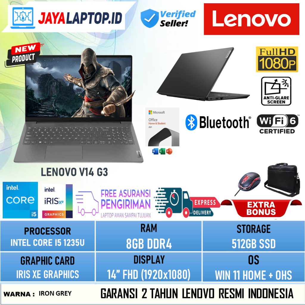 Laptop Resmi Baru Lenovo V14 G3 Core I5 1235U Ram 8GB 512GB Ssd Full HD + OHS