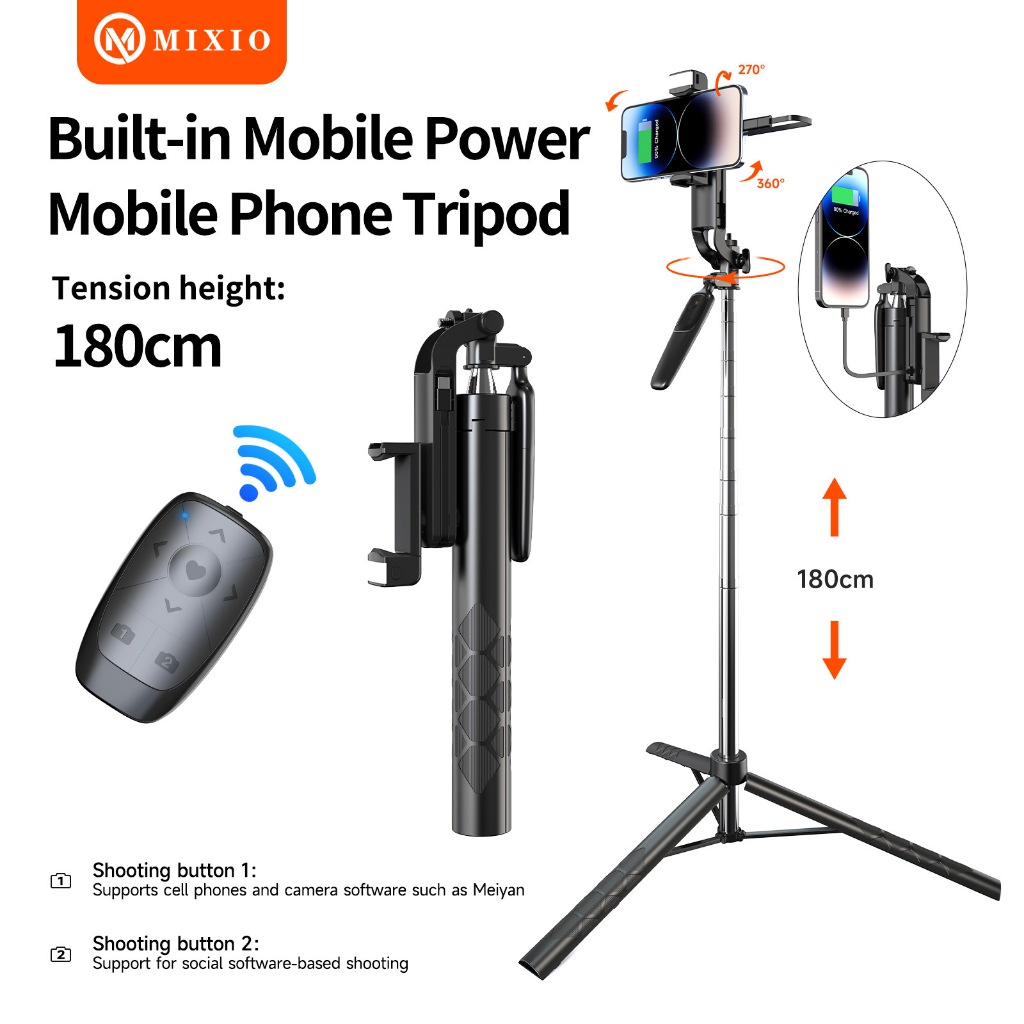 MIXIO A81P 180CM Tripod Tongsis Powerbank Bluetooth LED Selfie Stick