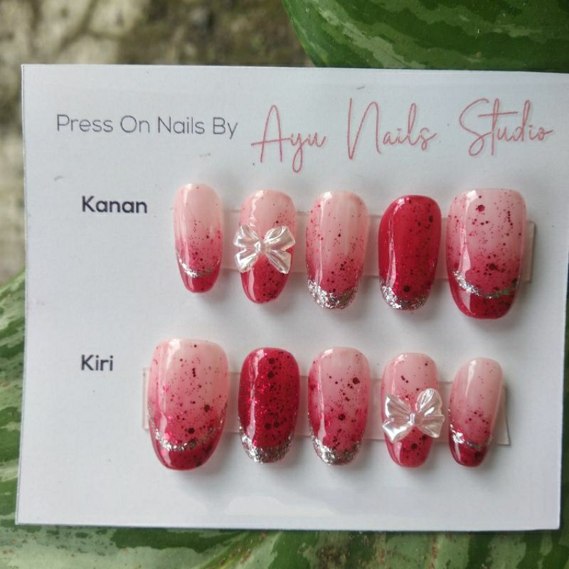 Press on nails Kuku Palsu awet murah warna merah glitter 3D free toolkits