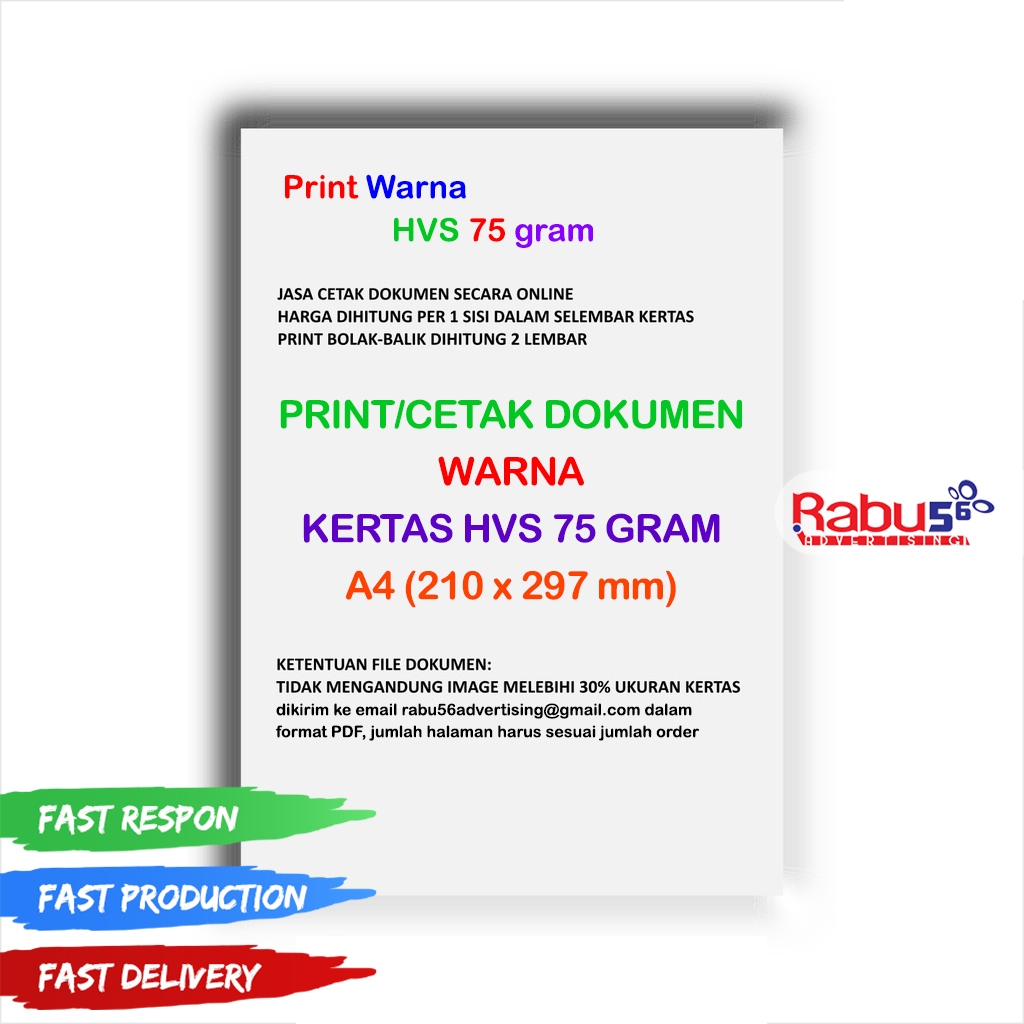 

Cetak dan Print Kertas HVS A4 dan F4 Warna / Hitam Putih