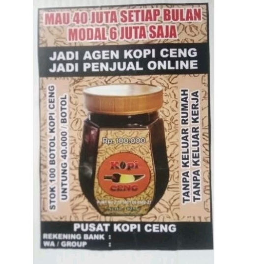 

Jual kopi ceng modal 6 jt Dapat 100 Botol Dapatkan 40 jt perbulan