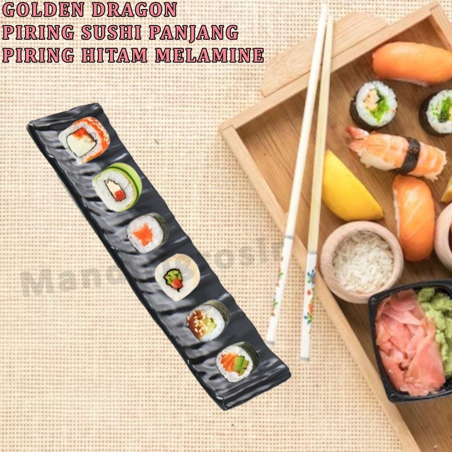 Piring Sushi Panjang * Golden Dragon * Piring Sushi Hitam Melamine