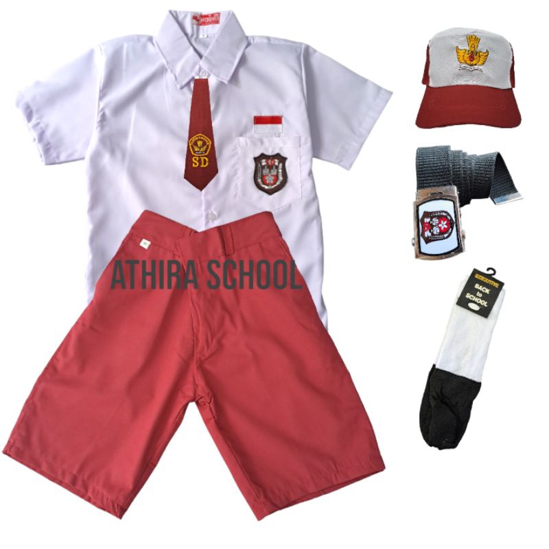 Seragam Sekolah Anak SD Laki2 Baju Pendek Celana Pendek Topi merah Putih