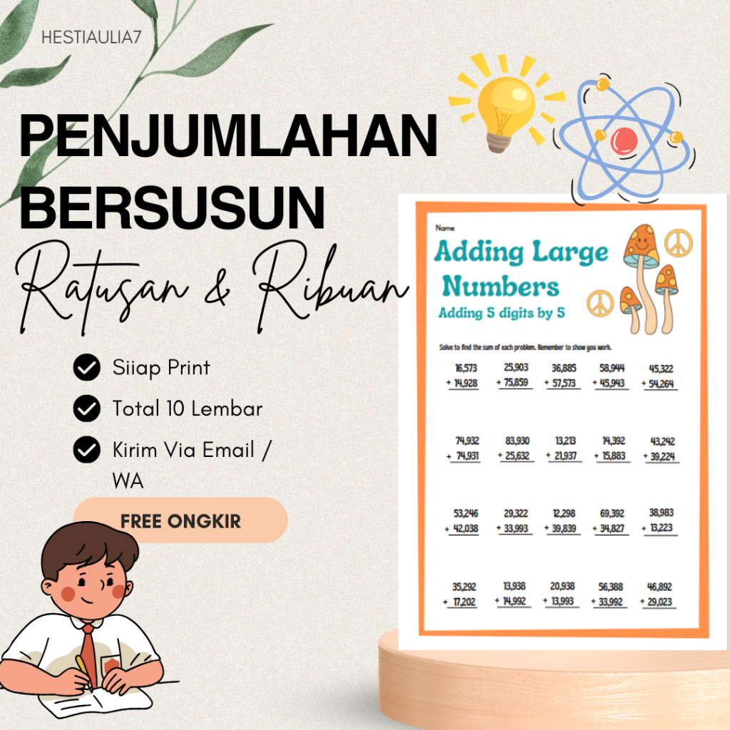 10 Lembar Kerja/Latihan Penjumlahan Bersusun siap cetak - Printable Worksheet Matematika