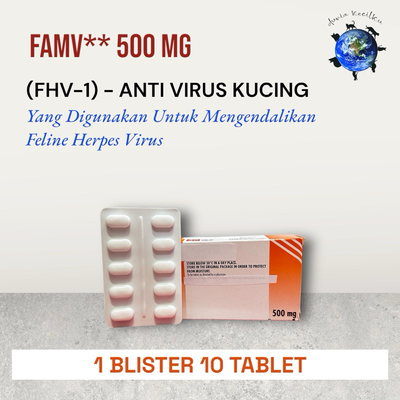 Famfir Feline Herpes Virus (FHV-1) - Tablet Obat Herpes / Anti Virus Kucing 500 Mg (1 BLISTER 10 TAB