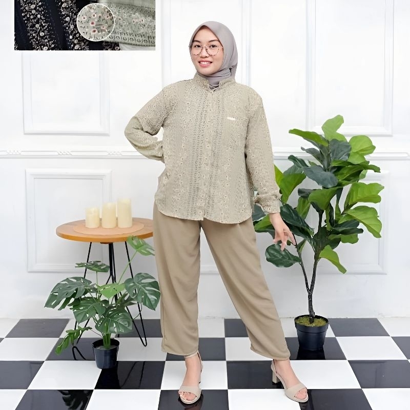 Setelan kemeja wanita terbaru/setelan kemeja crinkle motif/setcel crinkle aleva/ Piyama wanita dewas