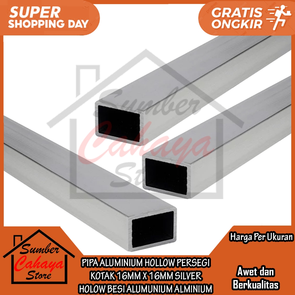 Hollo 16mm X 16mm Alumunium Silver Pipa Aluminium Hollow Persegi Kotak Holow Besi Almunium Alminium 