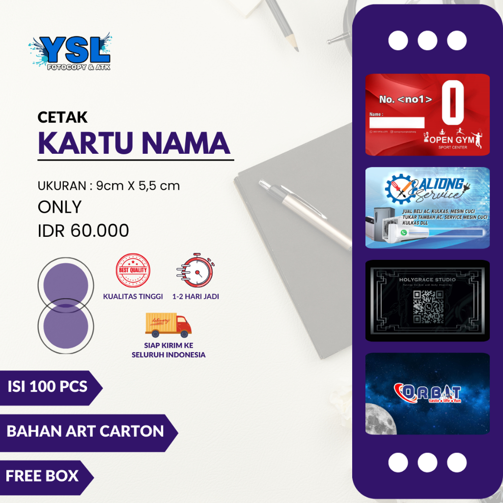 

Kartu Nama isi 100 free Box/ Kartu Nama Custom/ Bussiness Card/ Name Card Art Carton 260/ Kartu Nama 1 sisi & 2 Sisi