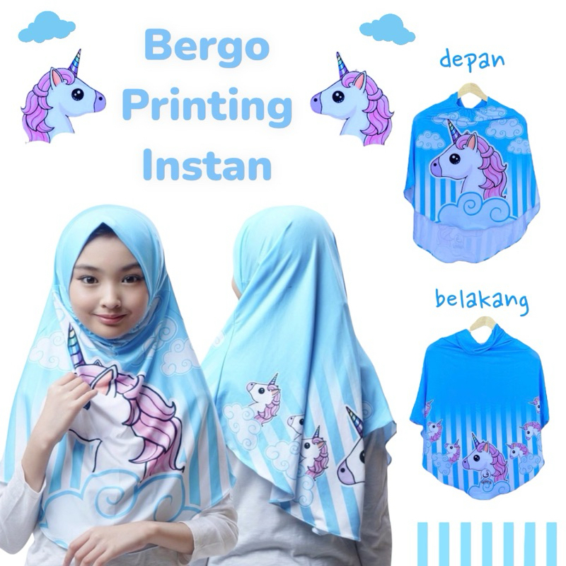 BERGO HIJAB INSTANT ANAK PRINTING MOTIF UNICORN AWAN BIRU LANGIT / HIJAB INSTANT KARAKTER LUCU