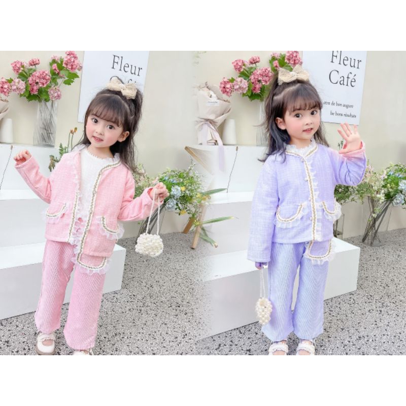Setelan anak perempuan 2tahun - 5tahun setcel tweed baju pink lilac set panjang baju lebaran mewah