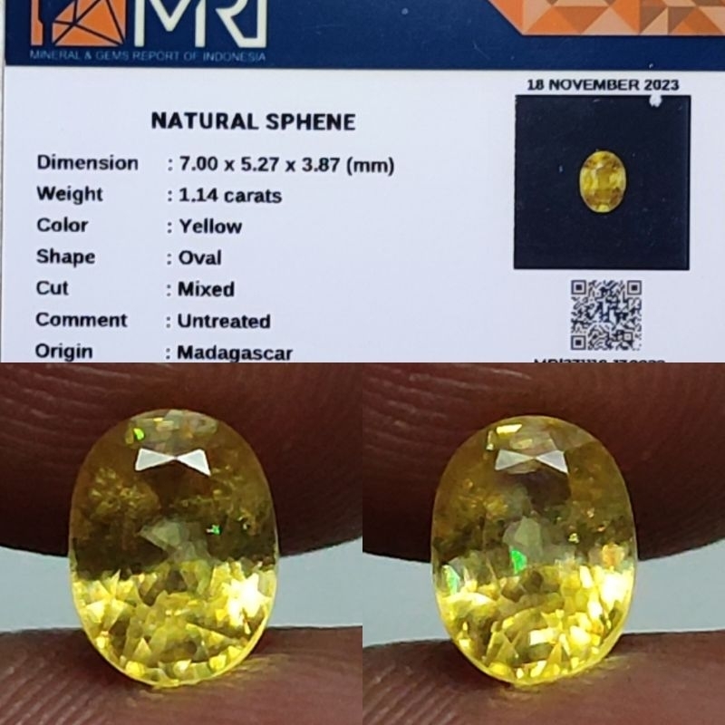 Natural Canary Yellow Sphene No Treatment 1.1ct MRI Crystall Full Luster Gemericik Nice Color Body K