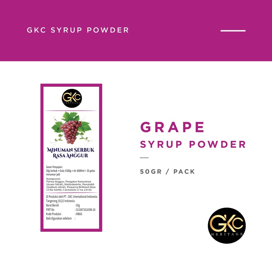 

Laris Bubuk Sirup Anggur Grape Powder Syrup Serbuk Minuman Powder Drink GKC Heritage Konsentrat 5 gram H94