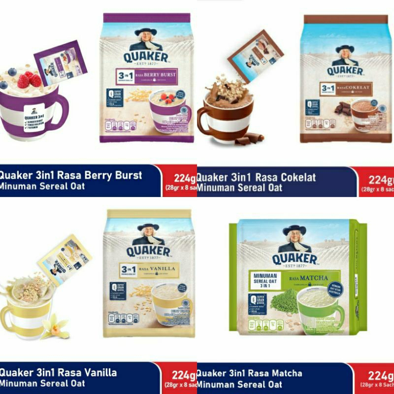 

Quaker 3in1 Matcha Berry Burst Vanilla Cokelat 224gr