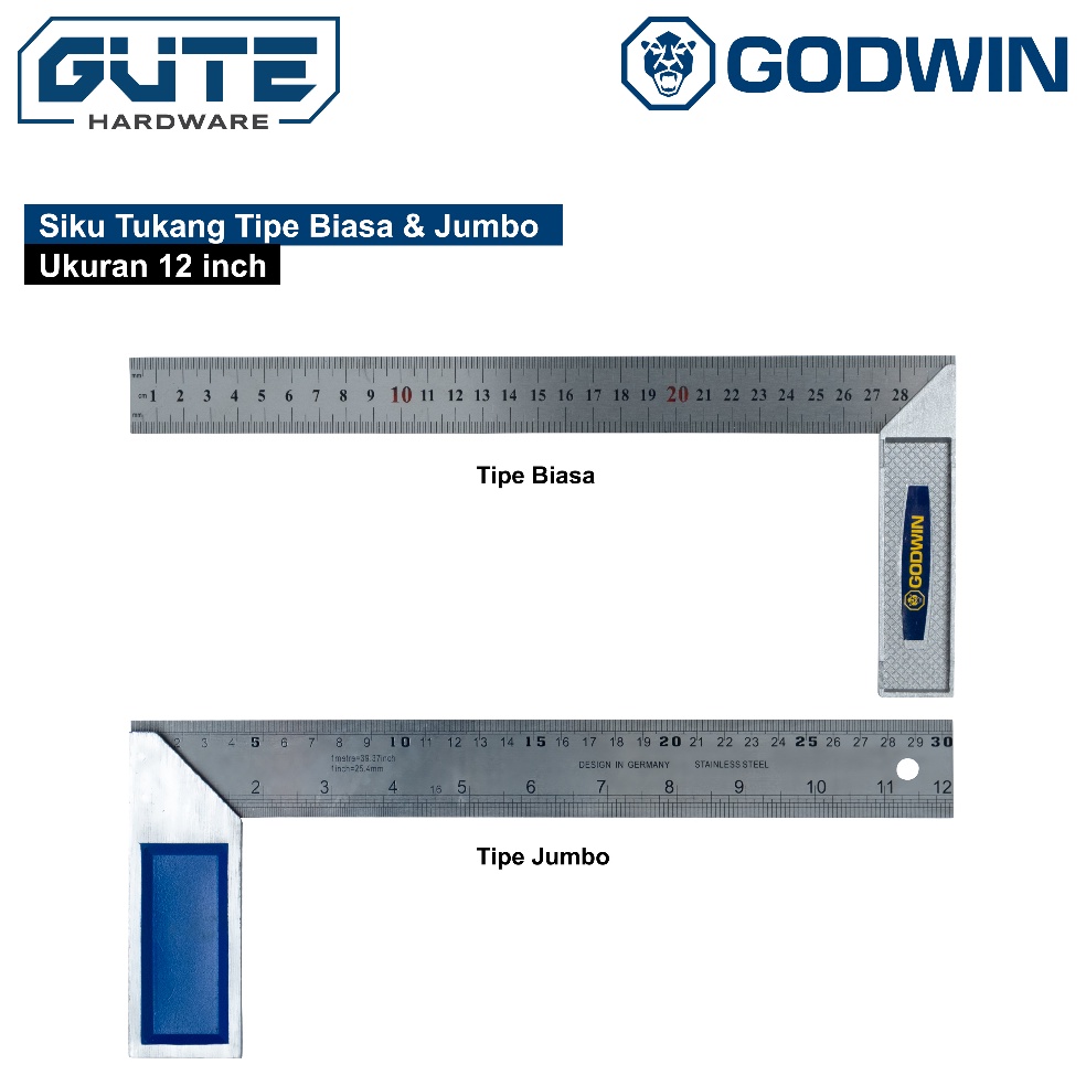 

Terbatas GUTE Penggaris Siku Tukang 3 cm 12 Inch GODWIN Stainless Steel H49