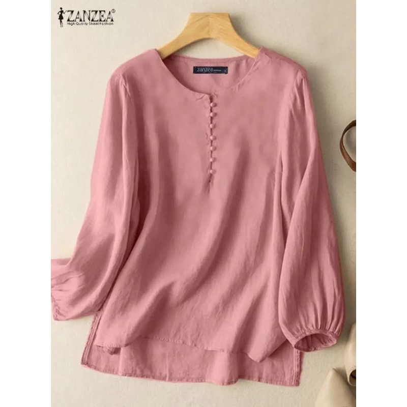 ZANZEA Blouse wanita import elegan O neck lengan panjang jumbo S-5XL Terbaru