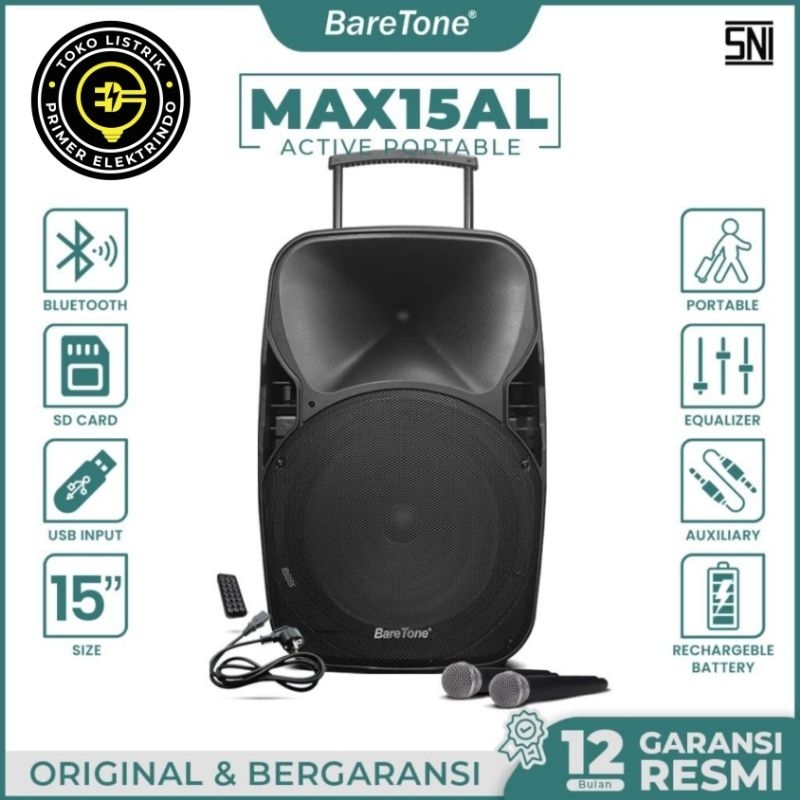 SPEAKER AKTIF PORTABLE BARETONE 15 INCH BLUETOOTH ORIGINAL MAX15AL SPEKER PORTABEL MAX 15 AL 2 MIC W