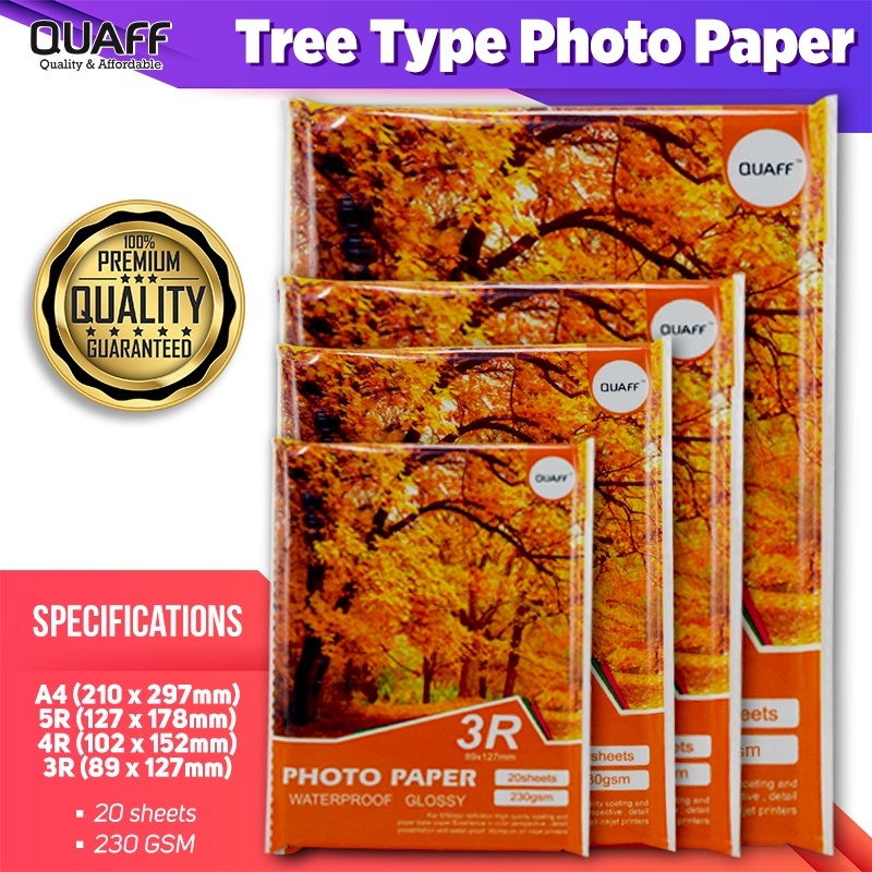 QUAFF Kertas Foto Glossy Dengan Stempel Belakang 3R|4R|5R|Ukuran A3 /A4 230gsm ||180gsm (20 lembar)