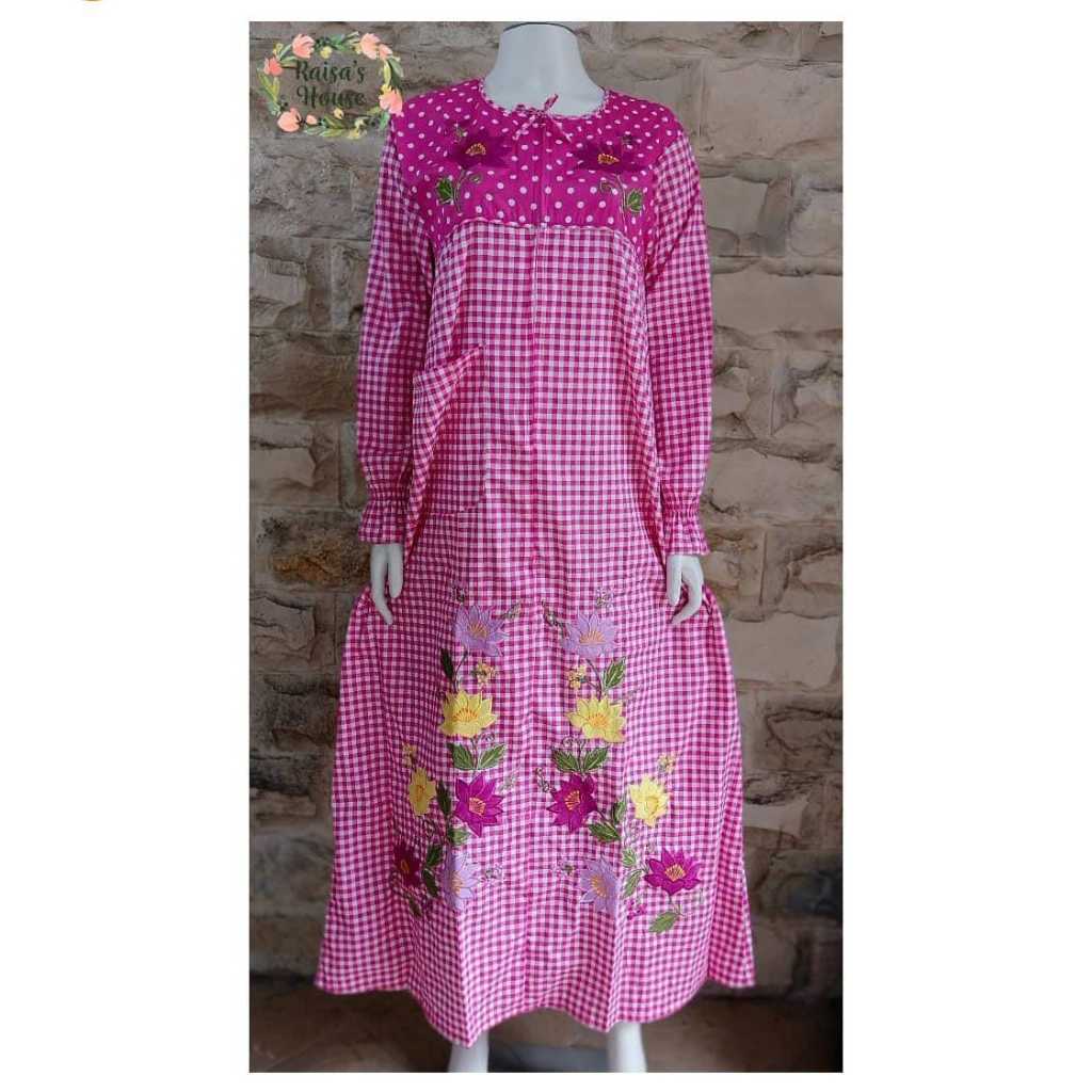 DASTER LONGDRESS BORDIR KHAS MALANG - LENGAN PANJANG | MAGENTA POLKA - KOTAK