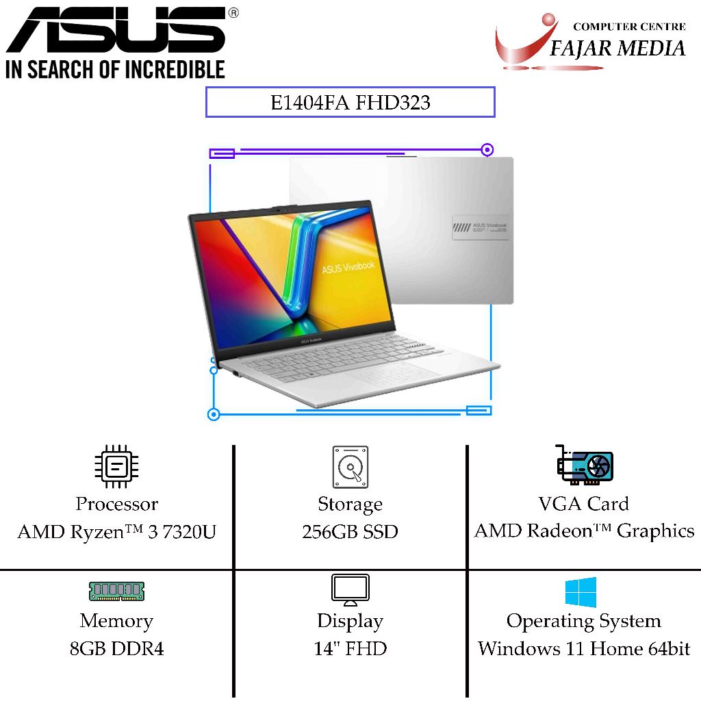 LAPTOP ASUS VIVOBOOK GO 14 E1404FA FHD323 RYZEN 3 7320 8GB 256SSD W11+OHS 14.0FHD SLV