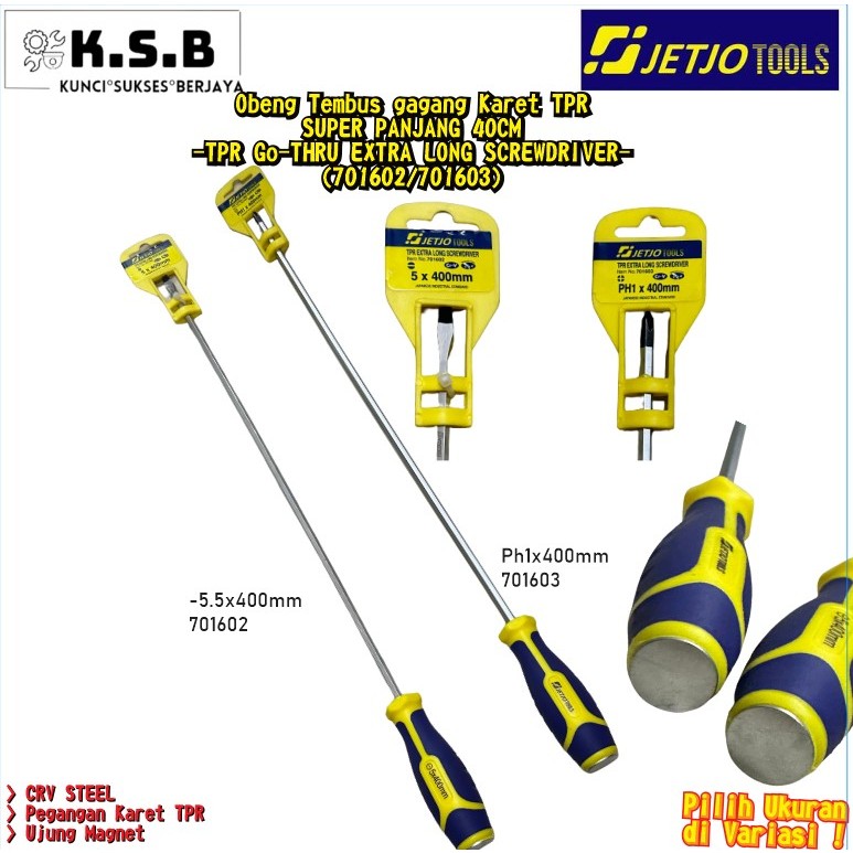 Obeng Ketok Tembus gagang Karet TPR SUPER PANJANG 40CM plus PH1&minus -5 JETJO TOOLS/lakoni pro (701