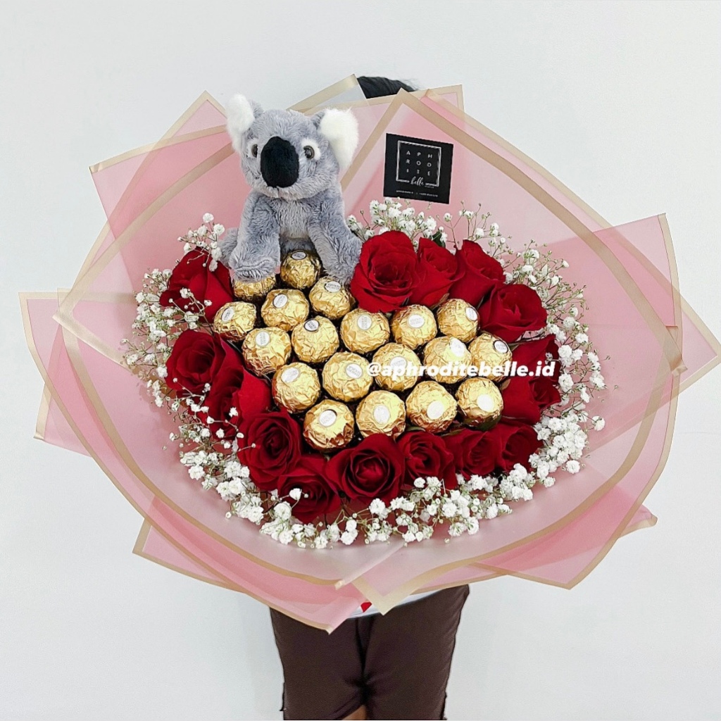 Ferrero Buket Hati + Boneka Koala Custom Premium / Hadiah Buket Coklat Bunga Ulang Tahun / Wisuda Bu