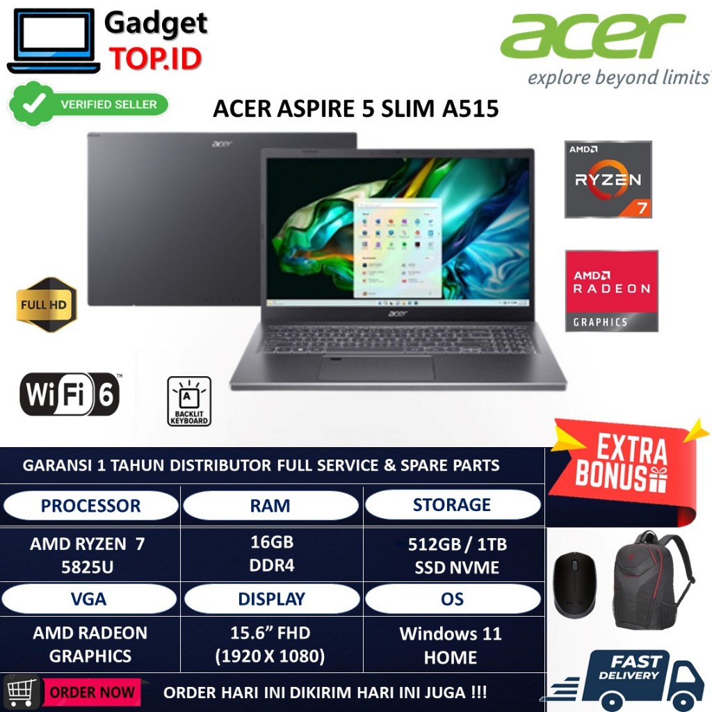 LAPTOP ACER ASPIRE 5 A515 AMD RYZEN 7 5825U 16GB 512GB FHD WIN11