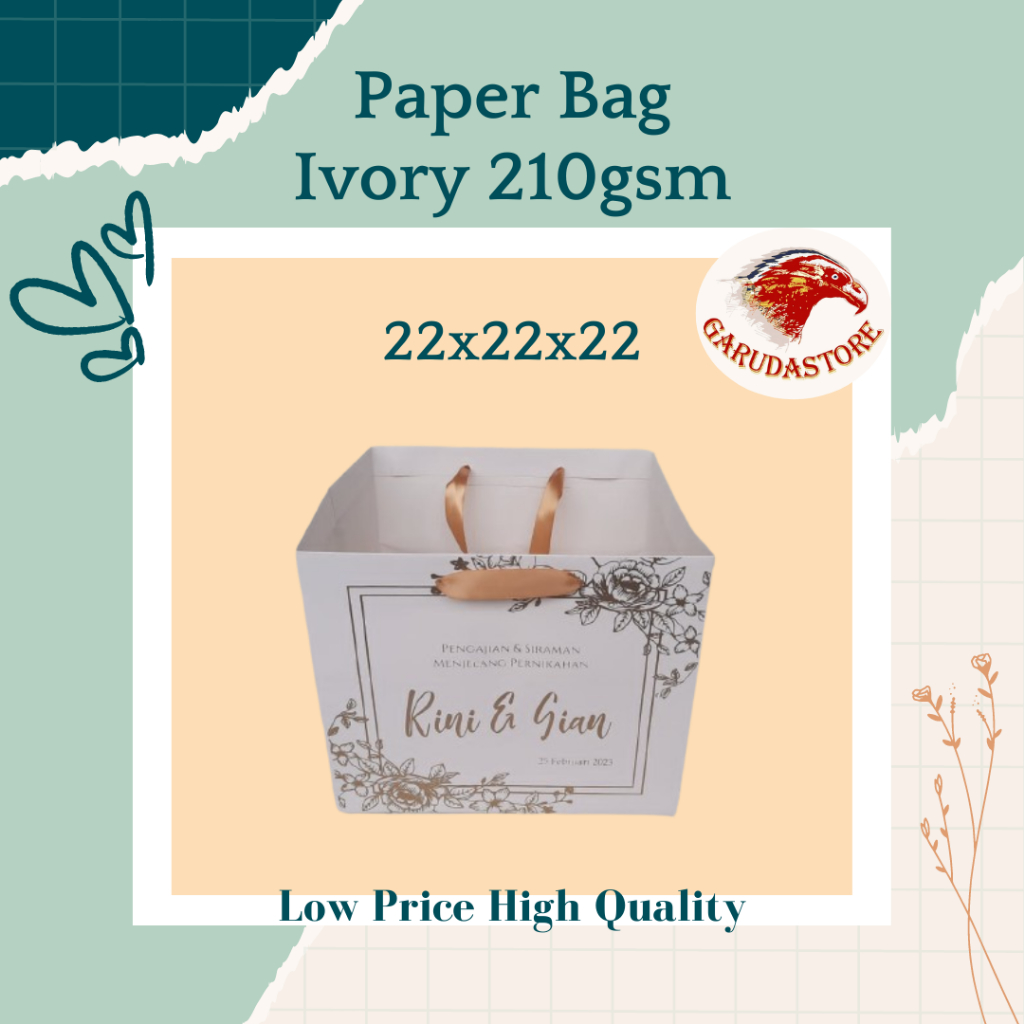

Paperbag Wedding , Paper Bag Kotak Nasi Box Size 22x22x22 bahan ivory putih 210gsm