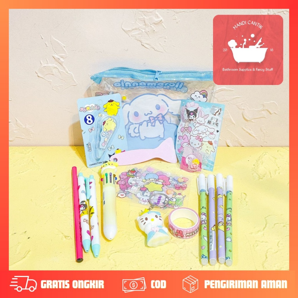 

set alat tulis sanrio pouch viral lengkap kotak pensi pulpen 10 warnal stiker washitape gantungan kunci cincin penghapus correction tape perata pulpen cetek pensil COD