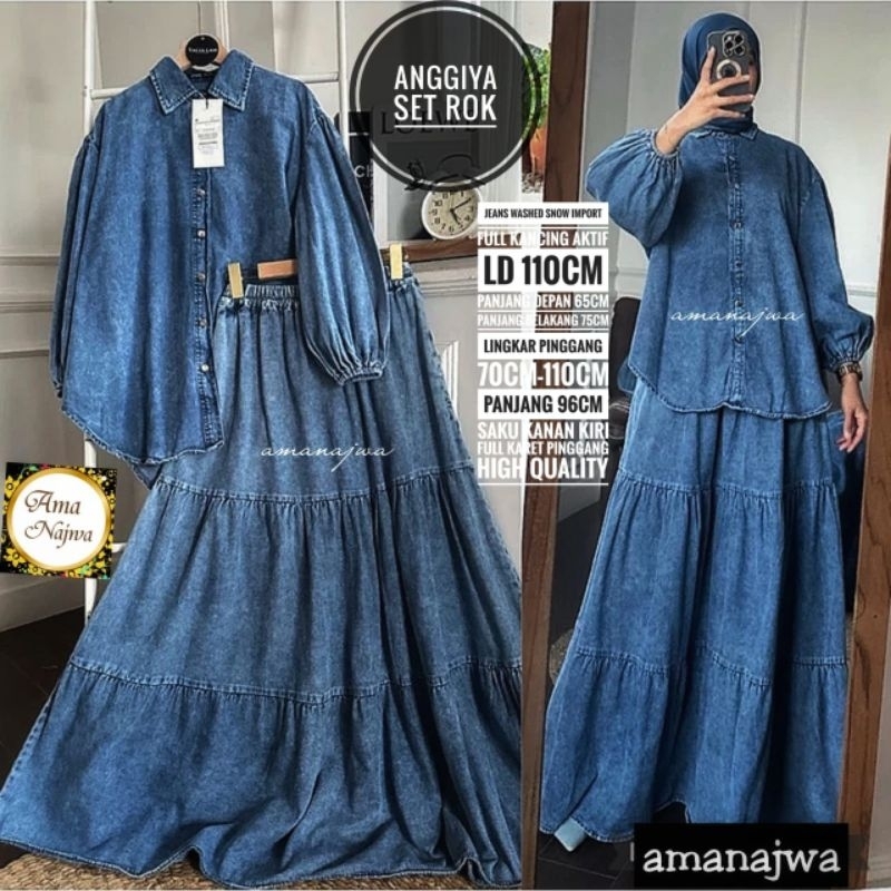 Anggiya One Set Setelan Rok Blouse Jeans Snow Ld 120 Jumbo Fit XXXL By Amj