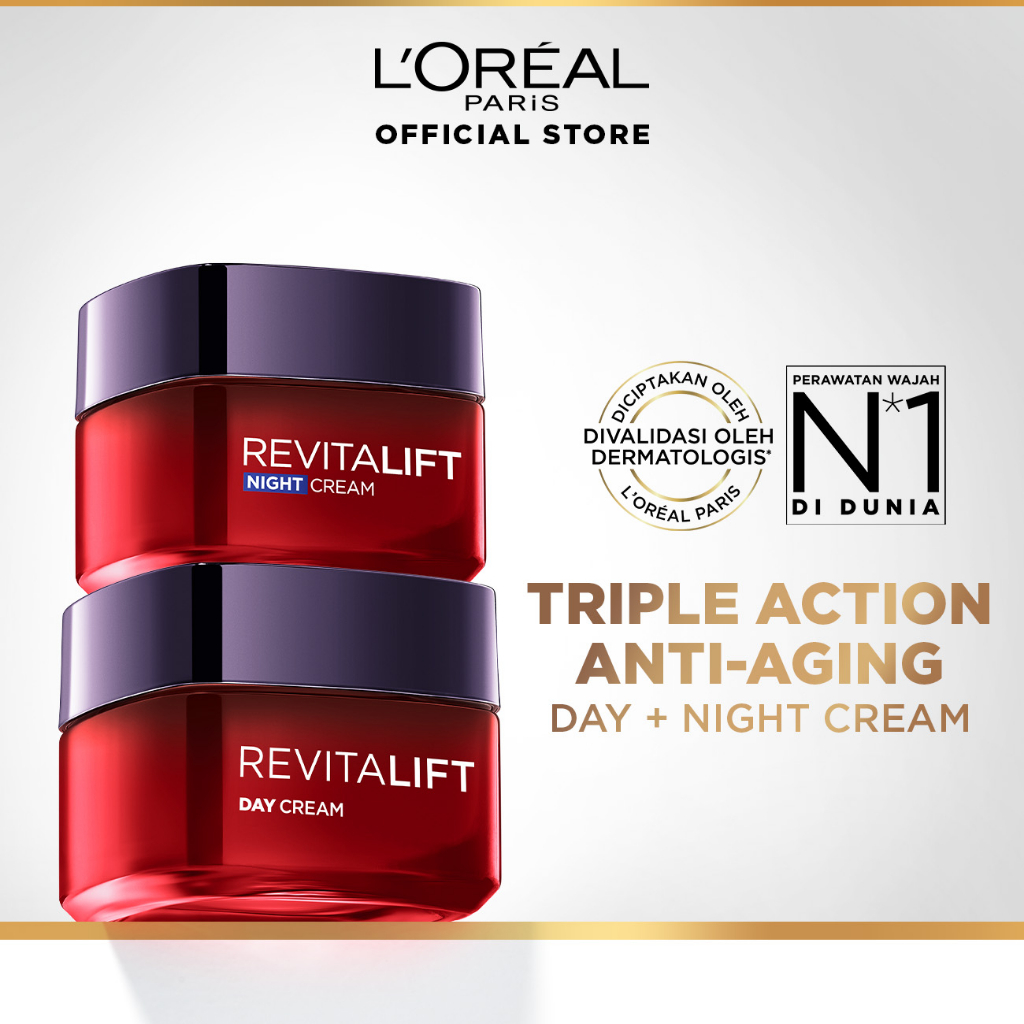 (PAKET HEMAT) L'Oréal Paris Revitalift Triple Action Day & Night Cream Dengan 3% Pro-Xylane - 50ml (
