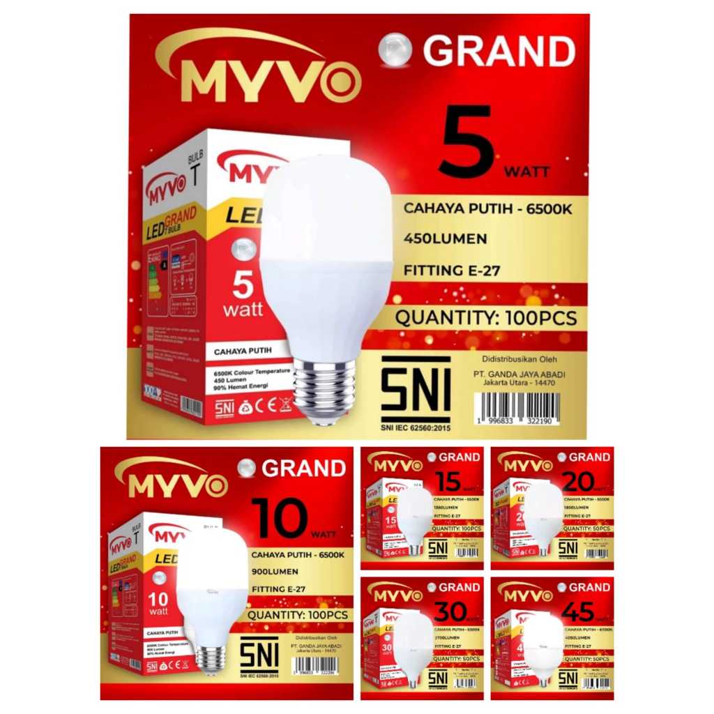 MYVO GRAND LAMPU LED PUTIH T BULB 5W 10W 15W 20W 30W 45W