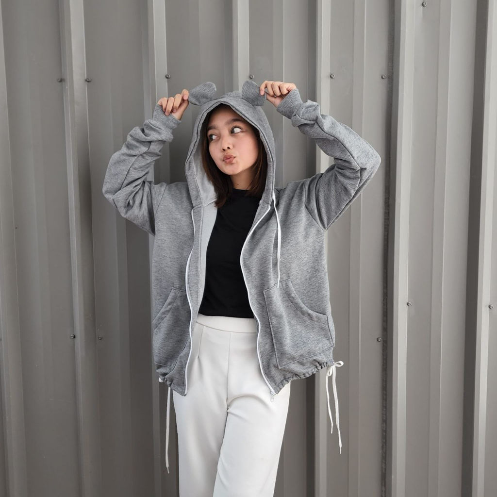 NOUSKA - MICKEY ZIPPER Jaket Hoodie Lucu Kuping Kelinci Bunny Fluffy