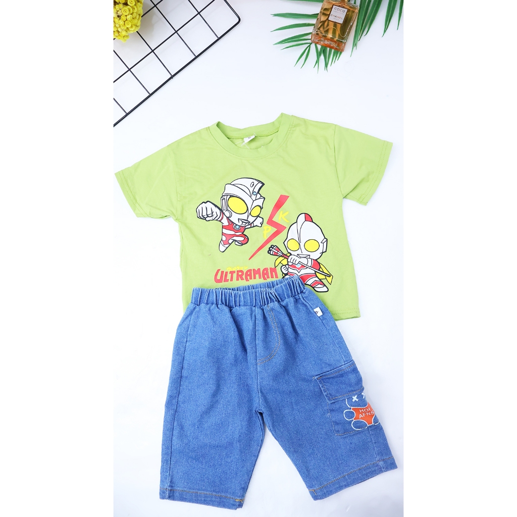 Setelan Baju Bayi Laki-laki Lengan Pendek Celana Denim pendek Baju Anak Laki Laki/ outfit anak laki 