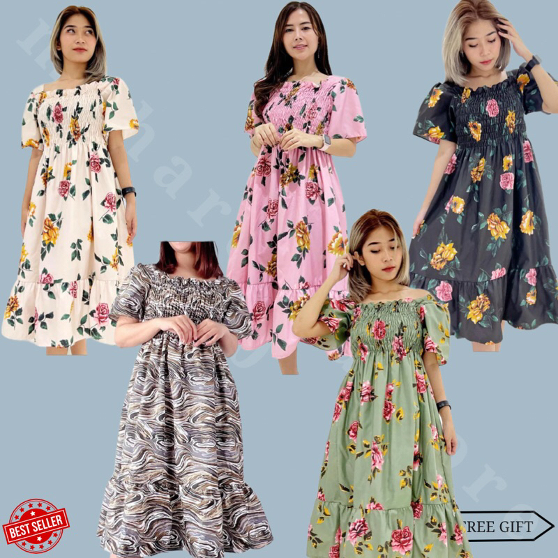 DRES LEBARAN KOREAN STYLE DRESS WANITA KOREA DREES MOTIF BUNGA