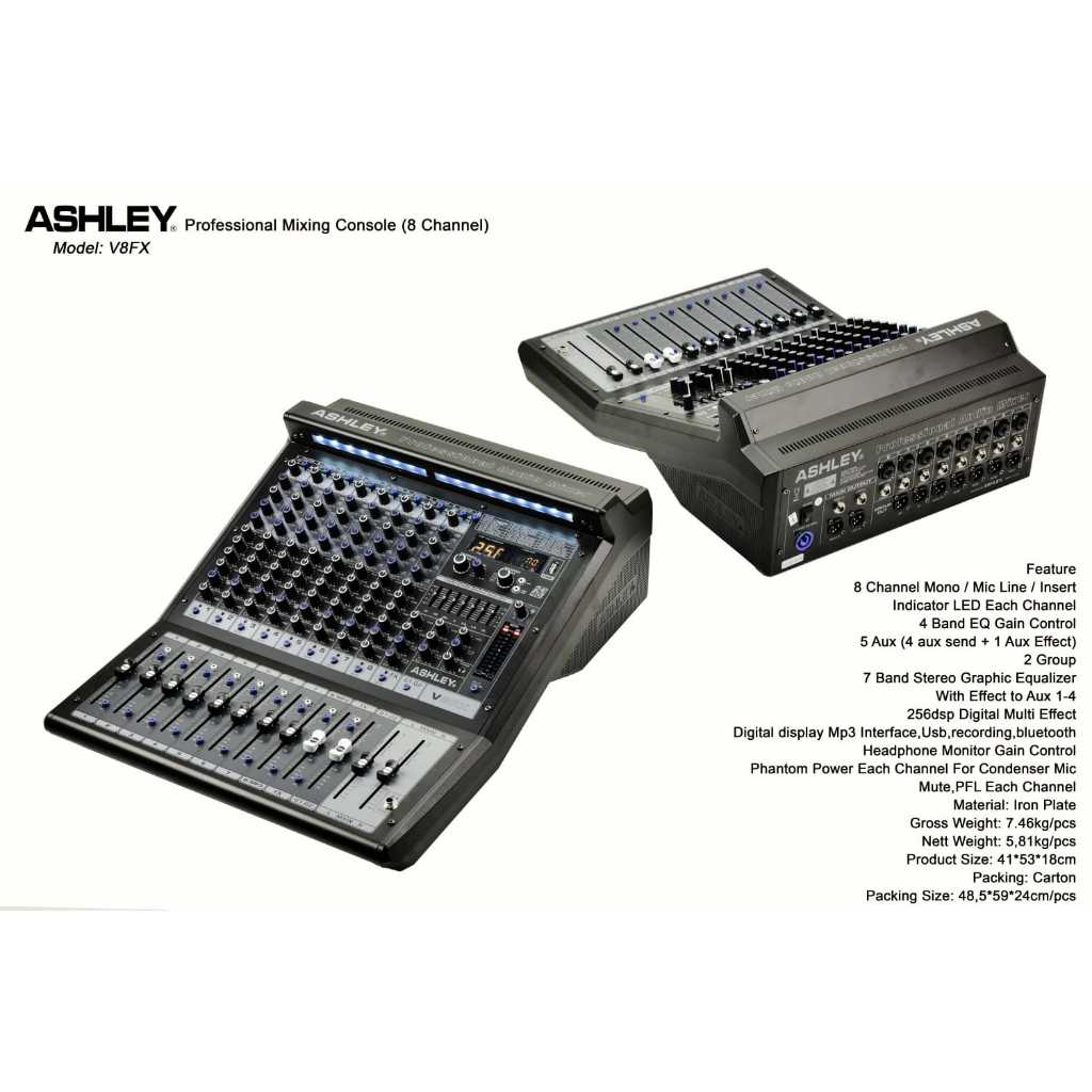 Mixer 8 channel merk ASHLEY V8Fx V 8Fx V 8 FX, 99 efek Vocal +EQ+USB ORIGINAL