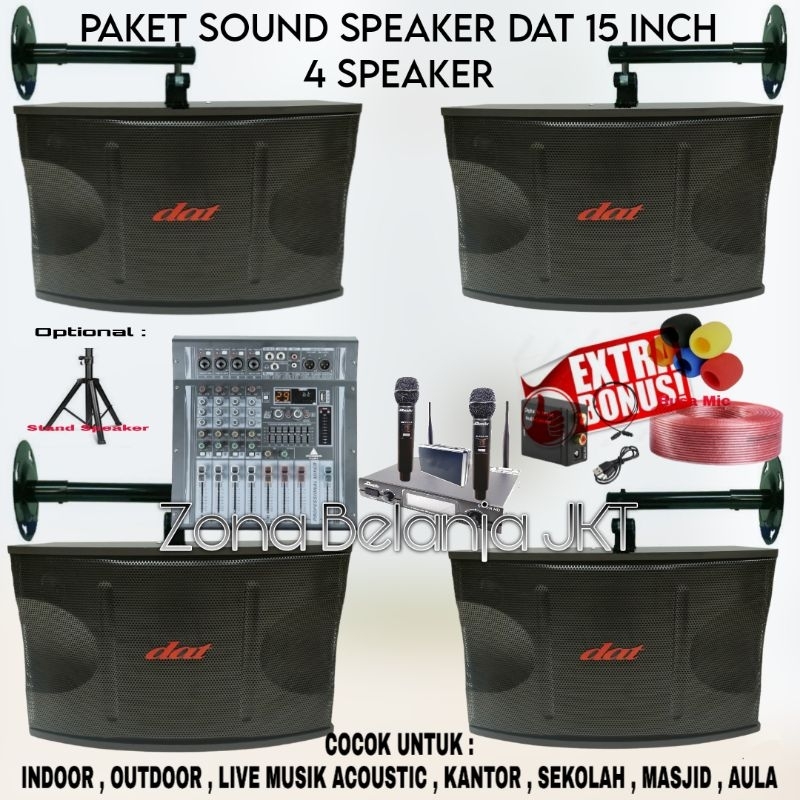 PAKET SOUND SYSTEM INDOOR OUTDOOR SPEAKER DAT 15 INCH 4 SPEAKER POWER MIXER 4 CHANNEL USB BLUETOOTH 